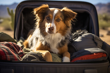 Generative ai of a traveling dog and many luggage.  - 788015084