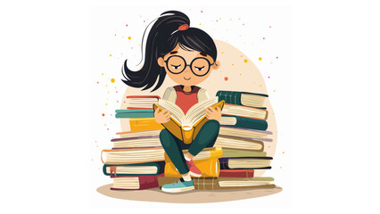 Vector illustration of a girl with a ponytail sitting on many books, girl reading, flat vector illustration, education concept illustration,imagination. Flat vector illustrations isolated on white bac