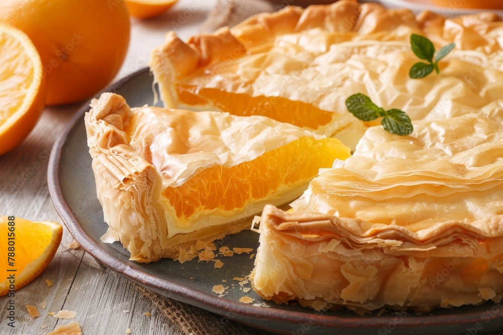 Poster close up of greek orange pie with phyllo on table