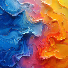 Fototapeta premium Beautiful abstraction of liquid paints in slow blending flow mixing together gently. Ai generated image