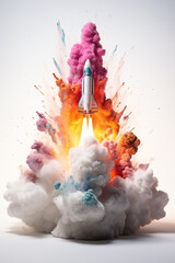 Rocket taking off with colorful smoke .Generative AI.
- 788015662