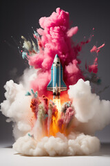Rocket taking off with colorful smoke .Generative AI.
- 788015669