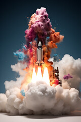 Rocket taking off with colorful smoke .Generative AI.
- 788015673