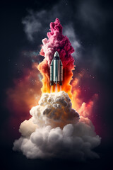 Rocket taking off with colorful smoke .Generative AI.
- 788015675