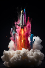 Rocket taking off with colorful smoke .Generative AI.
- 788015677