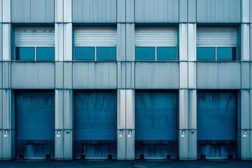Close up of modern storage building with sliding garage doors Closed industrial warehouse doors