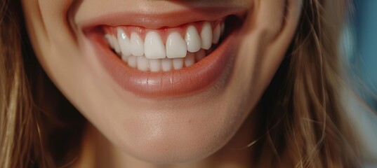 woman smiling with white teeth close up in a dental clinic background with a banner for a healthy smile and clean teeth concept. Copy space for a text banner stock photo concept.