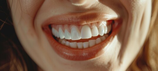 woman smiling with white teeth close up in a dental clinic background with a banner for a healthy...