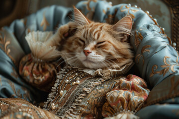 A cat in a vintage Renaissance dress lies on the sofa. Luxury and idleness concept. Generated by artificial intelligence - obrazy, fototapety, plakaty