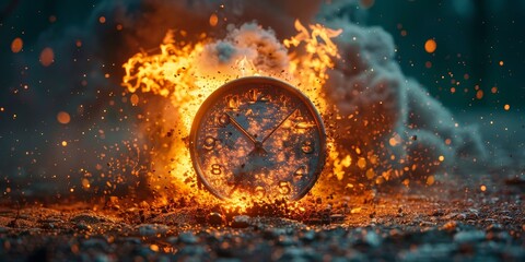 Clock On Fire On Ground. Generative AI - obrazy, fototapety, plakaty