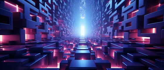Futuristic 3D neon maze with geometric walls and glowing exits - obrazy, fototapety, plakaty