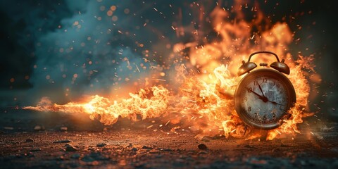 Alarm Clock Surrounded by Fire. Generative AI - obrazy, fototapety, plakaty