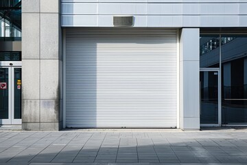 Closed white security shutter door in modern home