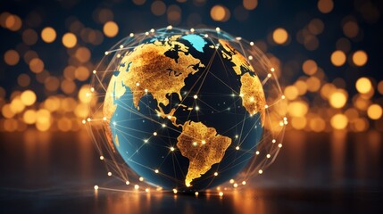 Globe with glowing nodes of data transfer, blurred undersea cable map background,