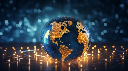 Globe with glowing nodes of data transfer, blurred undersea cable map background,