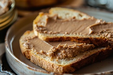 Closeup of canned pate spread on slice of bread