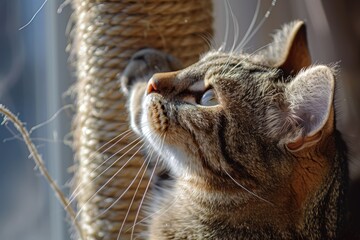 Closeup of domestic cat scratching post - obrazy, fototapety, plakaty