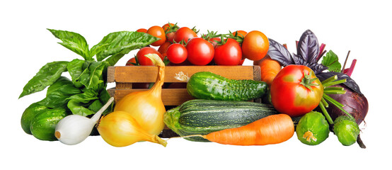 Fresh vegetables harvest in basket. Organic food isolated PNG - 788017272