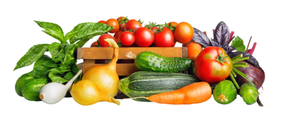 Fresh vegetables harvest in basket. Organic food isolated PNG