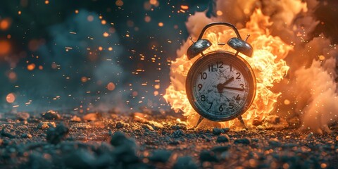 Alarm Clock Engulfed in Flames at Night. Generative AI - obrazy, fototapety, plakaty