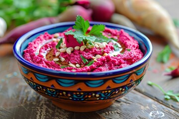 Colorful bowl with beetroot hummus - obrazy, fototapety, plakaty