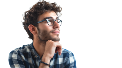 portrait of a thinking  man isolated on transparent background, young beard man cut out