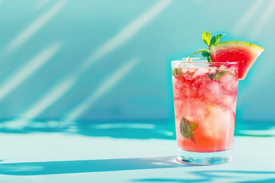 Cold summer lemonade with watermelon and mint healthy mocktail on sunny day background Wide banner layout with copy space