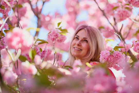 portrait of a blonde woman next to a blooming Japanese cherry tree on a spring day.
