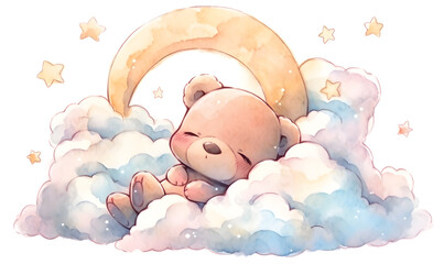 teddy bear sleeping on cloud. Watercolor illustration, Generative AI 