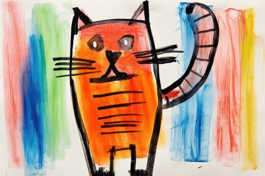 childlike colorful drawing of cat illustration