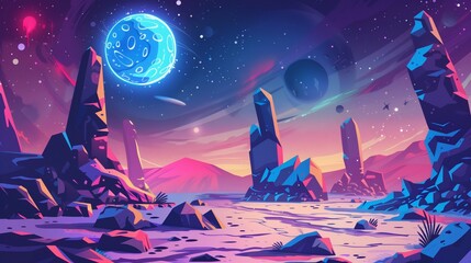 Alien planet landscape. A vibrant game background featuring stylized crystalline formations under a large moon, ideal for sci-fi or fantasy themes. - obrazy, fototapety, plakaty