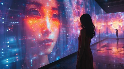 Cybernetic art museum, interactive digital installations, AI-created art, immersive exhibits - obrazy, fototapety, plakaty