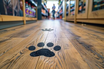 COVID 19 social distancing sticker with dog paw prints on a wooden floor in store
