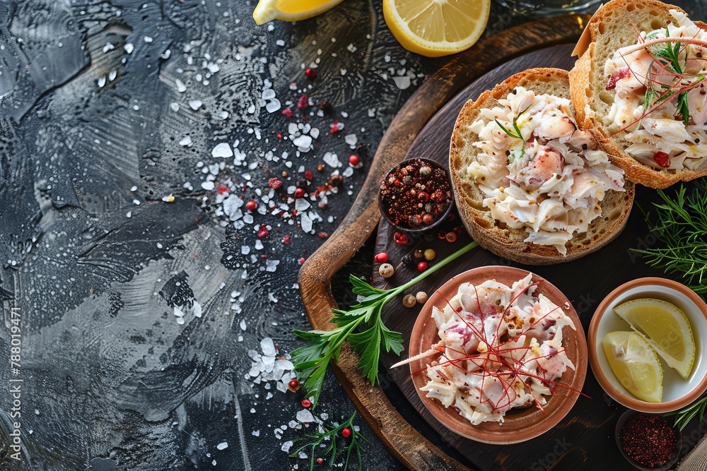 Poster Crab sandwich with seafood appetizers on rustic table