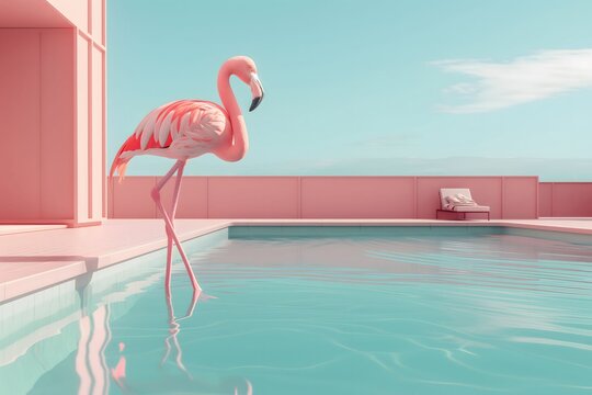 A serene summer image featuring a solitary pink flamingo by a reflective pool in a minimalist pink setting, evoking a sense of calm. Pastel colors.