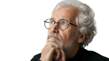 portrait of a thinking man isolated on transparent background, old man cut out