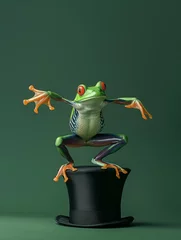 Stoff pro Meter Creative composition of a colorful frog humorously posed as if dancing on top of a black magician's hat against dark green background.. © Zography