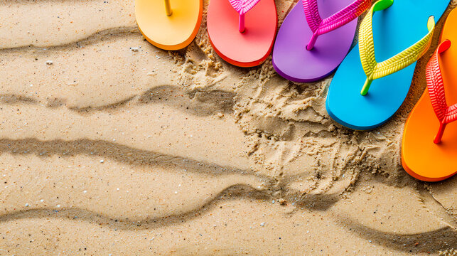 Colorful beach flip flops on the sand. Summer holidays and travel banner with copy space.