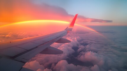 Airplane Wings: A photo of an airplane wing with a rainbow in the background - obrazy, fototapety, plakaty