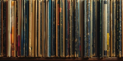 Collection of Records on a Wooden Shelf. Generative AI