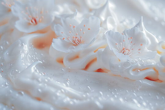 Pure white soap background with foam bubbles and spring flowers