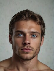 Fototapeta premium Jeune homme séduisant, torse nu, pour couverture de roman et affiche promotionnelle, tatouages et beaux yeux, barbes et regards charmeurs