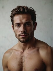 Jeune homme séduisant, torse nu, pour couverture de roman et affiche promotionnelle, tatouages et beaux yeux, barbes et regards charmeurs