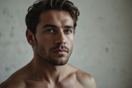 Jeune homme s&eacute;duisant, torse nu, pour couverture de roman et affiche promotionnelle, tatouages et beaux yeux, barbes et regards charmeurs