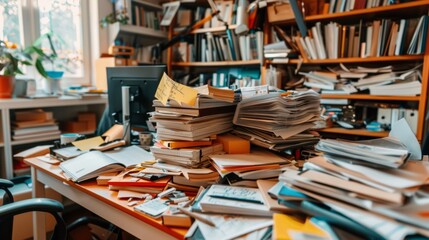 A pile of books and papers on a desk in front of a window, AI