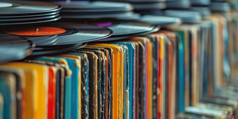 Stack of Vinyl Records. Generative AI - obrazy, fototapety, plakaty