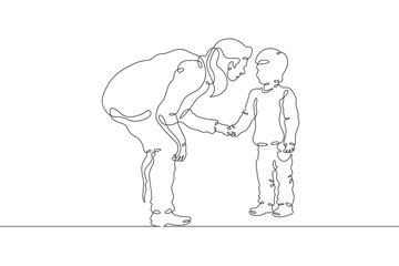Fototapeta na wymiar Mother with child. Teacher with a baby in kindergarten. Teacher with student in elementary school. One continuous line . Line art. Minimal single line.White background. One line drawing. 