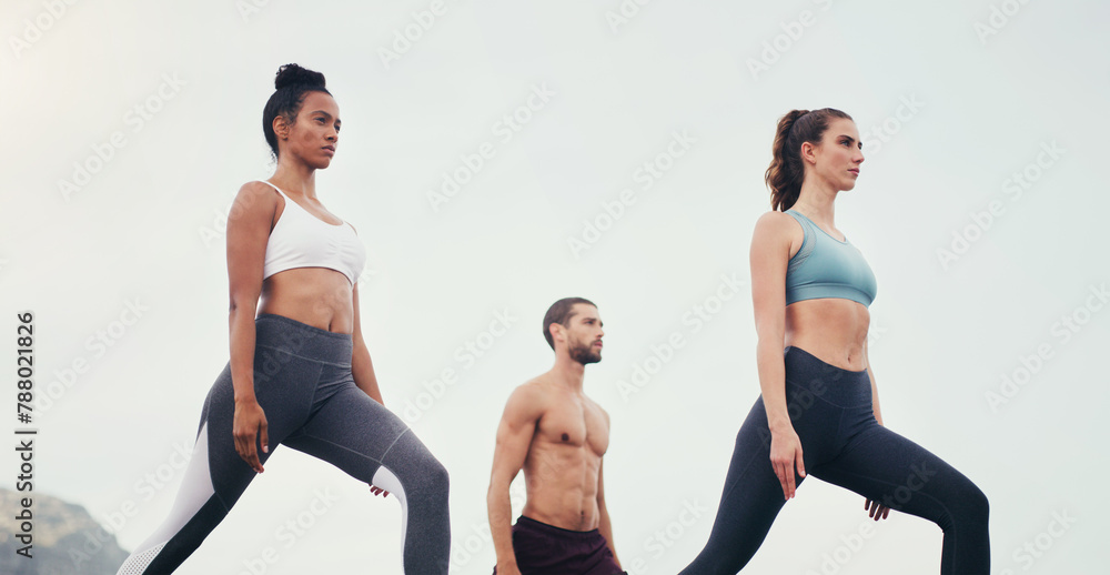 Poster People, yoga and stretching together in fitness club for sports, health or wellness in outdoor class. Friends, exercise or pilates training in group for teamwork, community and support in nature