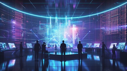 People in a futuristic control room looking at a large screen with a map of the world.