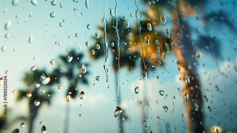 Poster window with raindrops on it and a palm tree in the background